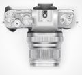 Ultra realistic 3d SLR retro style photo camera. With leather part. Top view on white background. Vector