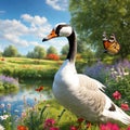 Ultra-Realistic Side View of a Goose Walking in a Fairy Garden with a Red Butterfly