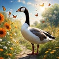 Ultra-Realistic Side View of a Goose Walking in a Fairy Garden with a Red Butterfly