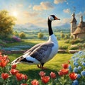 Ultra-Realistic Side View of a Goose Walking in a Fairy Garden with a Red Butterfly