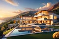 An Ultra-Realistic Digital Painting Featuring a Luxurious Modern Villa at Sunset - Nestled in the Foothills