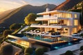 An Ultra-Realistic Digital Painting Featuring a Luxurious Modern Villa at Sunset - Nestled in the Foothills