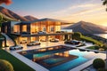 An Ultra-Realistic Digital Painting Featuring a Luxurious Modern Villa at Sunset - Nestled in the Foothills