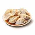 Ultra Realistic Dumplings In Sauce On White Background