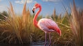 Realistic Pink Flamingo Standing In Tall Grass Photorealistic Rendering