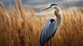 Vibrant Heron In A Field Of Tall Grass - Photo Hyper-realism