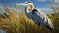 Vibrant Heron In A Field Of Tall Grass - Photo Hyper-realism