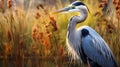 Vibrant Heron In A Field Of Tall Grass - Photo Hyper-realism