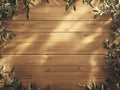 Ultra realistic 8k wooden texture flat lay with greenery for natural design elements Royalty Free Stock Photo