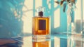 Ultra-realistic mockup of a perfume bottle with modern label design placed on a glass surface Royalty Free Stock Photo