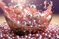 Ultra realistic perls luxurious foil textured flakes in rose crystal flowing liquid, octane. AI Generative