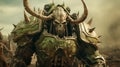 Emotionally Charged Warcraft Armor With Horns In Green And Beige