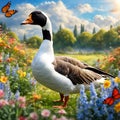 Ultra-Realistic Side View of a Goose Walking in a Fairy Garden with a Red Butterfly