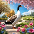 Ultra-Realistic Side View of a Goose Walking in a Fairy Garden with a Red Butterfly