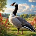 Ultra-Realistic Side View of a Goose Walking in a Fairy Garden with a Red Butterfly