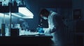 Ultra-realistic view of a forensic scientist analyzing samples in a high-tech, sterile lab environment
