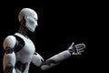 Ultra realistic white robot extends its hand as a greeting. Generative AI