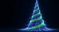 A glowing, futuristic digital illustration shows an abstract Christmas tree formed by interconnected financial data lines and risi Royalty Free Stock Photo