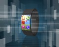Ultra-thin curved-screen smart watch on tech-digital background
