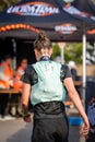 Ultra-Trail Australia UTA11 race. Runner Sophie Butler at the finish line, head off to time keepers Royalty Free Stock Photo