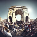 Ultra wide angle shot of crowded Arc de Triumph. AI generative