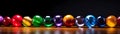 Ultra-Wide Background of Colorful Glass Marbles on a Wooden Table (Generative AI)