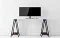 Ultra Wide Computer Monitor mock up on white table in white empty room
