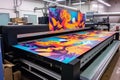 Ultra Wide-format inkjet printer printing machine during production of extreme large print. Generative Ai