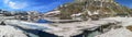 Ultra wide panorama of the frozen lake in the Gotthardpass Royalty Free Stock Photo