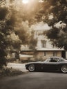 Ultra wide photo of black vintage sports car, high speed motion blur photography, high details, silver chromes, perfect wheels,