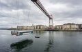 Ultra Wide view closeup of the Bizkaia suspension bridge and boat Royalty Free Stock Photo