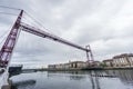 Ultra Wide view closeup of the Bizkaia suspension bridge and boat Royalty Free Stock Photo