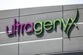 Ultragenyx sign logo atop American biopharmaceutical company Ultragenyx Pharmaceutical