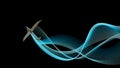 Ultralight plane from bottom with blue wave on black. Illustration background with copy space