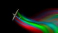 Ultralight plane from bottom with colorful wave on black. Illustration background, banner with copy space