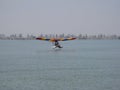 Ultralight with pontoons and colorful wings getting ready to land on the water