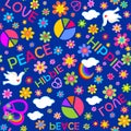 Ultramarine color seamless fashion print with hippie peace symbols, colorful flower-power, dove of peace and love, peace, hippie Royalty Free Stock Photo