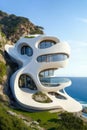 Ultramodern hotel building on the seashore, parametric architecture. Generative AI