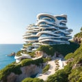 Ultramodern hotel building on the seashore, parametric architecture. Generative AI