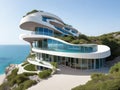 Ultramodern hotel building on the seashore, parametric architecture. Generative AI