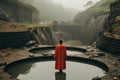 Ultrarealistic giant endless pit in cityscape, cinematic view with striking red backdrop