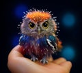 ultrarealistic photo of an adorable baby rainbow owl with sparkling eyes sitting on someone's hand Royalty Free Stock Photo