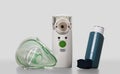 Ultrasonic mesh nebulizer and portable pocket inhalator, child mask, on gray