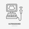 Ultrasound doodle line icon. Vector thin outline illustration of echography machine. Black color linear sign for