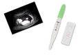 ultrasound film with pregnancy test on white background
