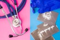 Ultrasound images and medical stethoscope in two colors background: blue and pink. Concept of preparation or completion of ultraso