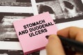 On the ultrasound pictures there are stickers that say - Stomach and duodenal ulcers Royalty Free Stock Photo