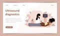Ultrasound pregnancy screening concept landing page. Female doctor scanning mother. African girl with belly looking in
