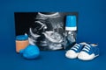 Ultrasound scan, baby bottle, toy, baby Royalty Free Stock Photo