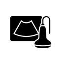Ultrasound silhouette pictogram. Outline icon of display with transducer. Black simple illustration of external body scan,